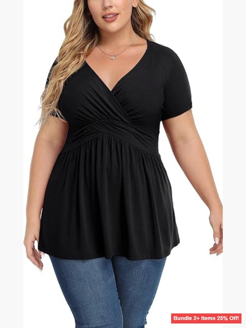 Plus Size Tunic Top Short Sleeve V Neck Loose Fit Rayon Spandex Blouse